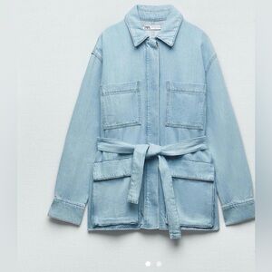Zara Light Blue Denim Utility Jacket with Waist Tie jacket and matching pants